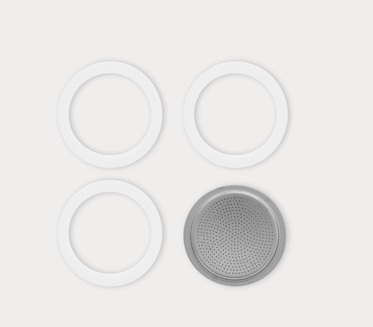 Guarnizioni 3 Stk. + Piastrina da 6 Tazze BIALETTI / Bialetti 3 Dichtungen und 1 Filter 